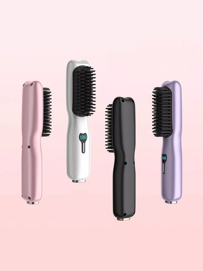 Blush pink portable heated hair straightening comb by Trendsi, compact and easy to use for sleek, straight hair on the go.
