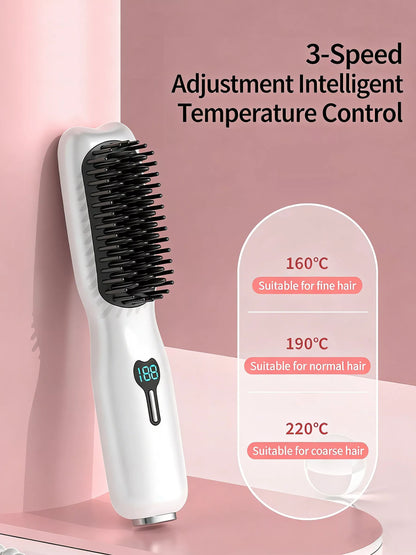 Blush pink portable heated hair straightening comb from Trendsi, compact design for easy styling and straightening.