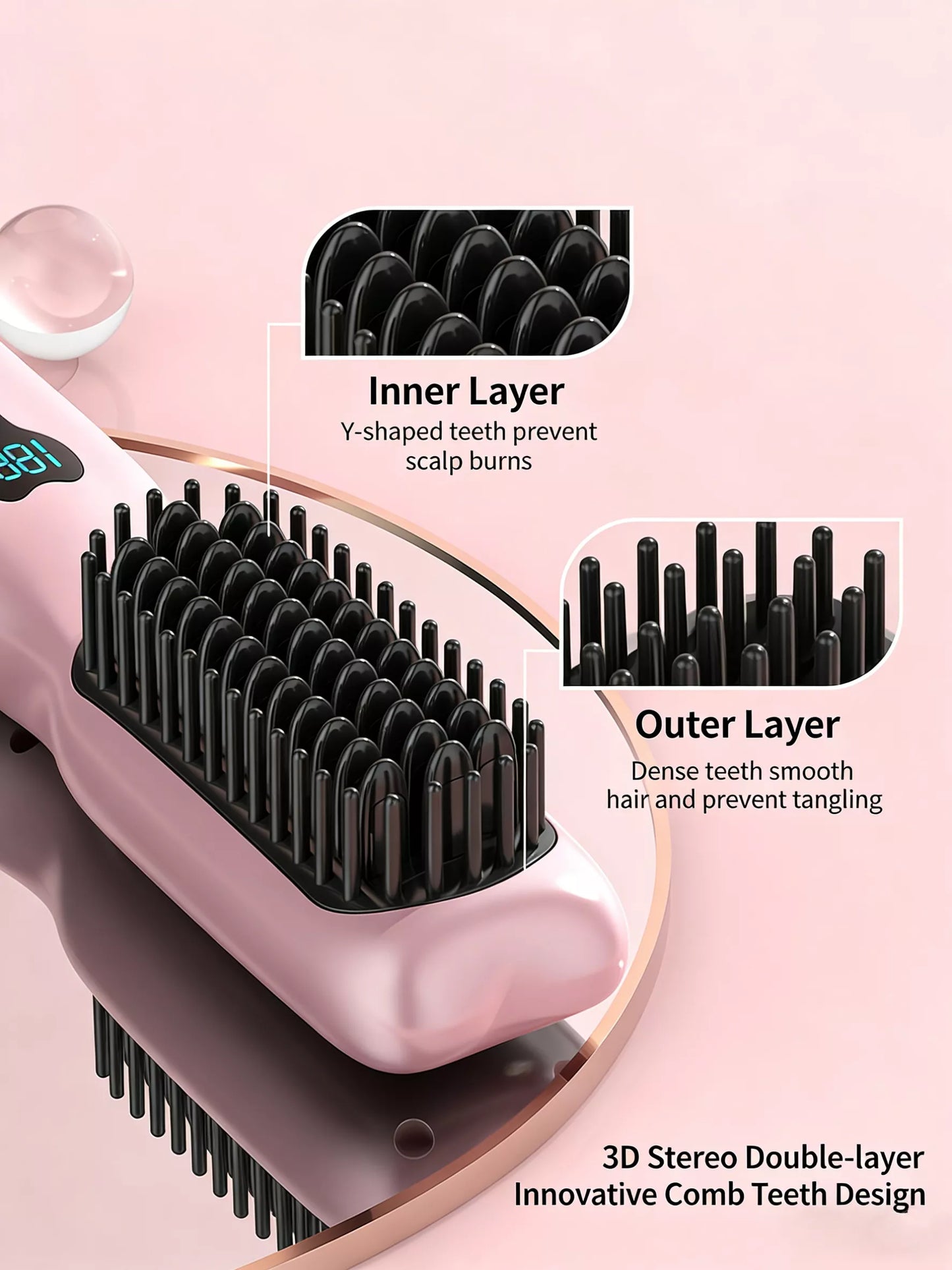 Blush pink portable heated hair straightening comb by Trendsi, compact design with ceramic plates for quick styling.