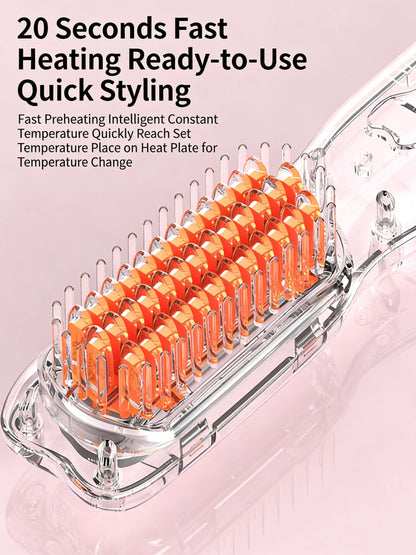 Blush pink portable heated hair straightening comb by Trendsi, compact styling tool with ceramic plates for smooth, straight hair.