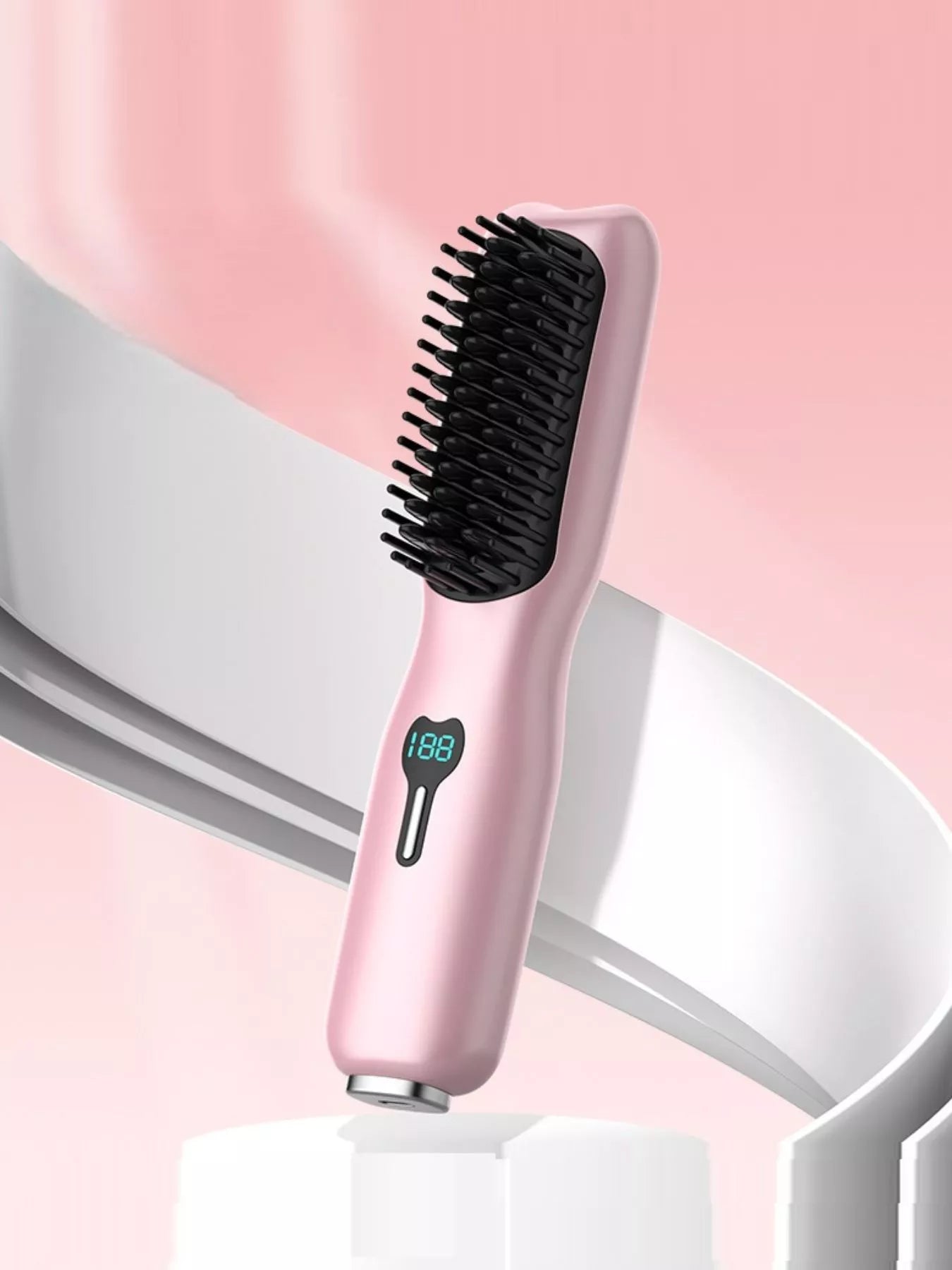 Blush pink portable heated hair straightening comb by Trendsi, compact and cordless for quick styling.