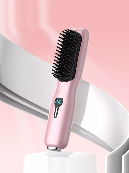 Blush pink portable heated hair straightening comb by Trendsi, compact and cordless for quick styling.