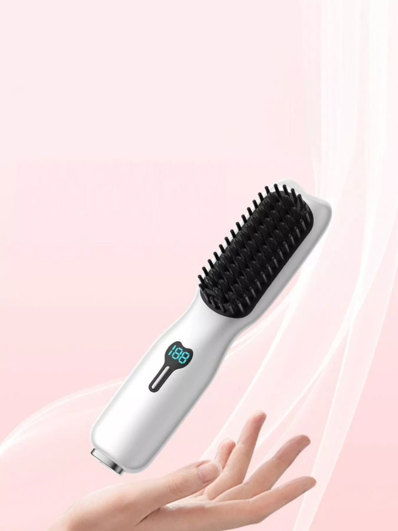 Blush pink portable heated hair straightening comb by Trendsi, compact design for easy styling and hair straightening on the go.