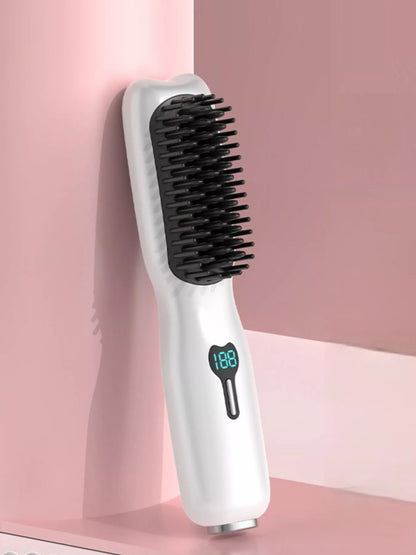 Blush pink portable heated hair straightening comb by Trendsi with one-size design and ceramic plates for sleek styling.
