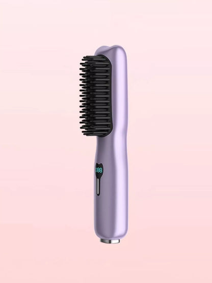 Blush pink portable heated hair straightening comb by Trendsi, compact and easy-to-use for styling on the go.