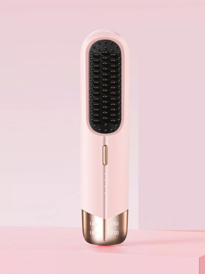 Blush pink portable wireless ionic straightener brush by Trendsi for smooth, straight hair styling on the go.