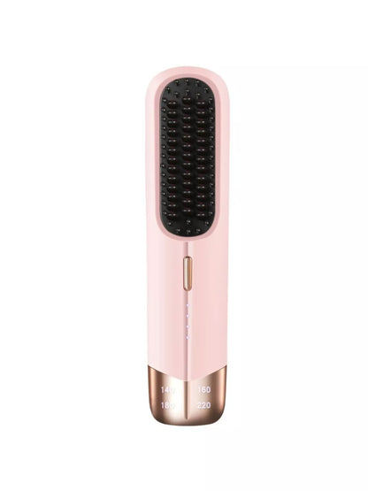 Blush pink portable wireless ionic straightener brush by Trendsi for smooth, shiny hair styling.
