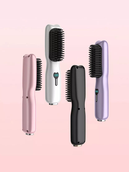 Pink Trendsi 2-in-1 mini wireless ionic hair straightening comb with ergonomic handle and ceramic bristles.
