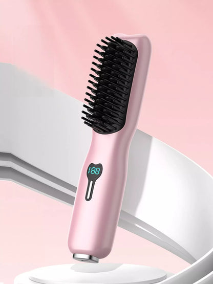 Pink Trendsi 2-in-1 mini wireless ionic hair straightening comb with brush design, portable and easy to use for sleek, straight hair.
