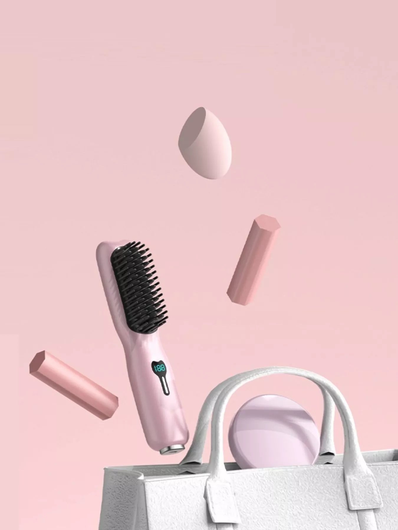 Blush pink 2-in-1 mini wireless ionic hair straightening comb by Trendsi, compact and portable for easy styling.
