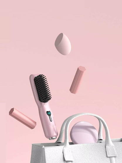 Blush pink 2-in-1 mini wireless ionic hair straightening comb by Trendsi, compact and portable for easy styling.