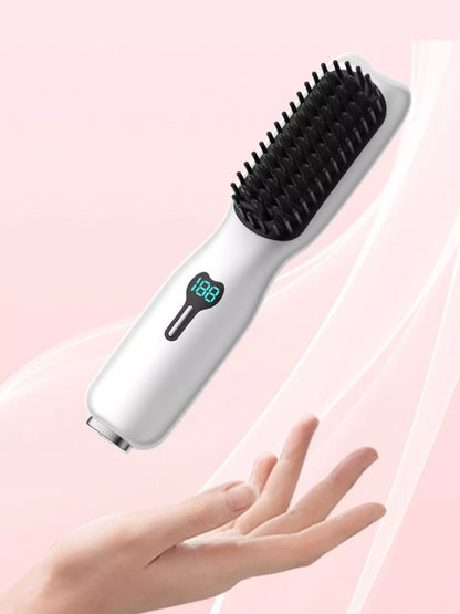 Pink Trendsi 2-in-1 Mini Wireless Ionic Hair Straightening Comb, compact and portable for quick styling.