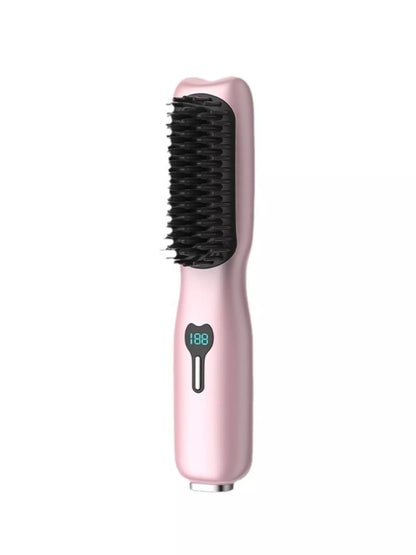 Pink Trendsi 2-in-1 mini wireless ionic hair straightening comb with a compact design and ergonomic handle.