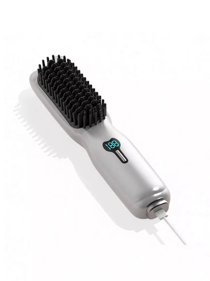 Pink Trendsi 2-in-1 mini wireless ionic hair straightening comb with handle and bristles for styling and smoothing hair.