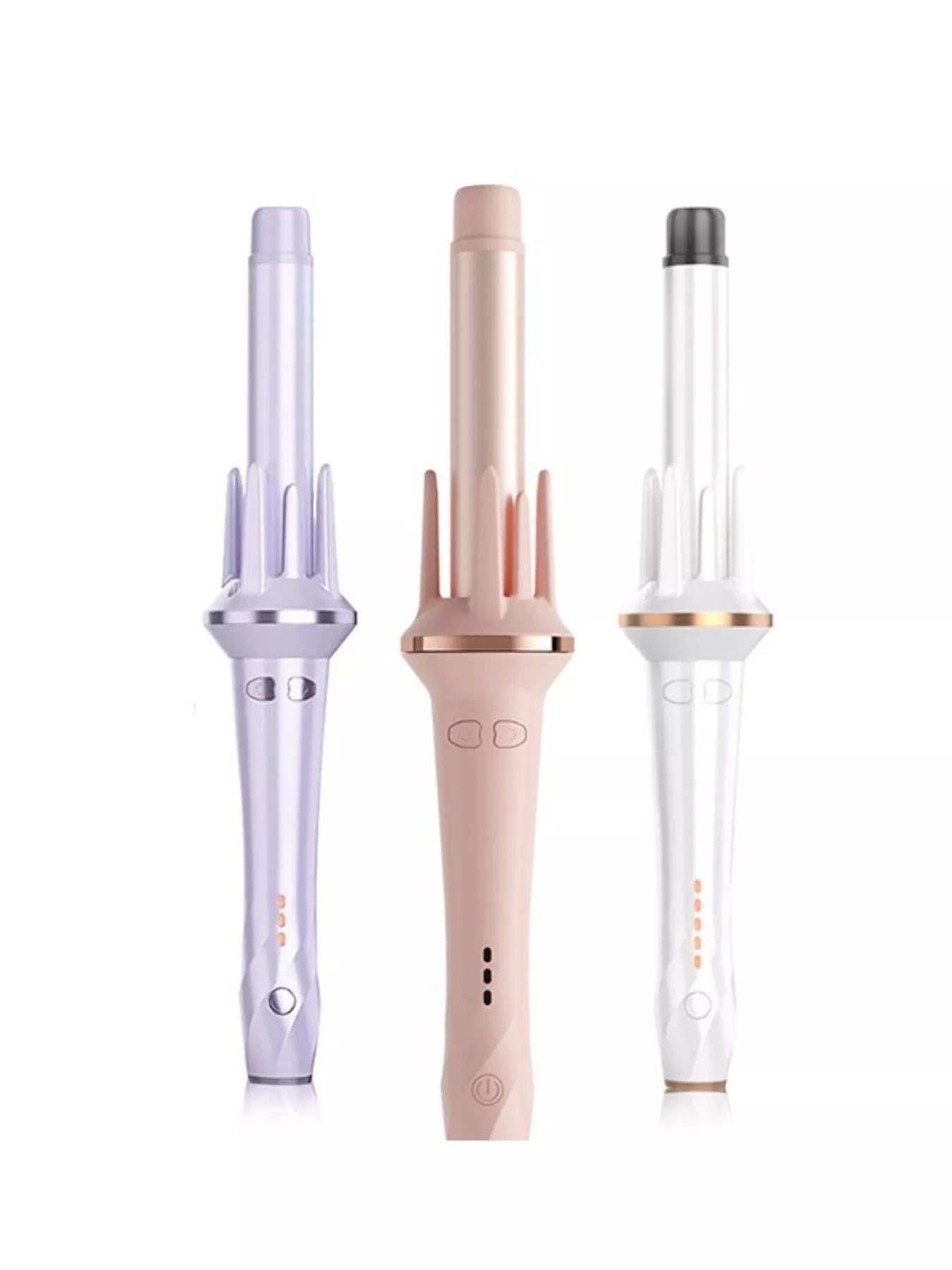 Blush pink automatic rotating hair curling iron by Trendsi, featuring a sleek design and digital control for easy styling.
