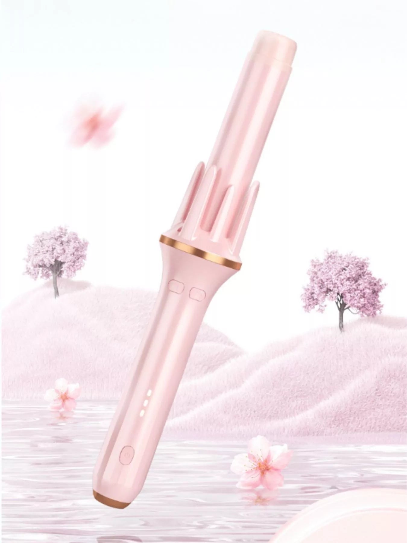 Blush pink automatic rotating hair curling iron by Trendsi with a sleek design and rotating barrel for effortless curls.