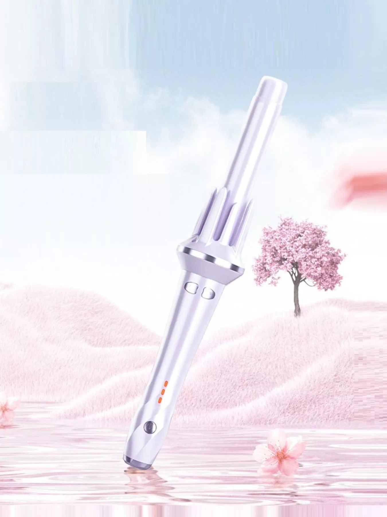 Blush pink automatic rotating hair curling iron by Trendsi with a sleek design and rotating barrel for effortless curls