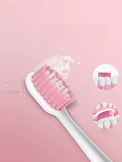 Blush pink Trendsi electric toothbrush with multiple cleaning modes and one-size design, showing the toothbrush with different brush heads.