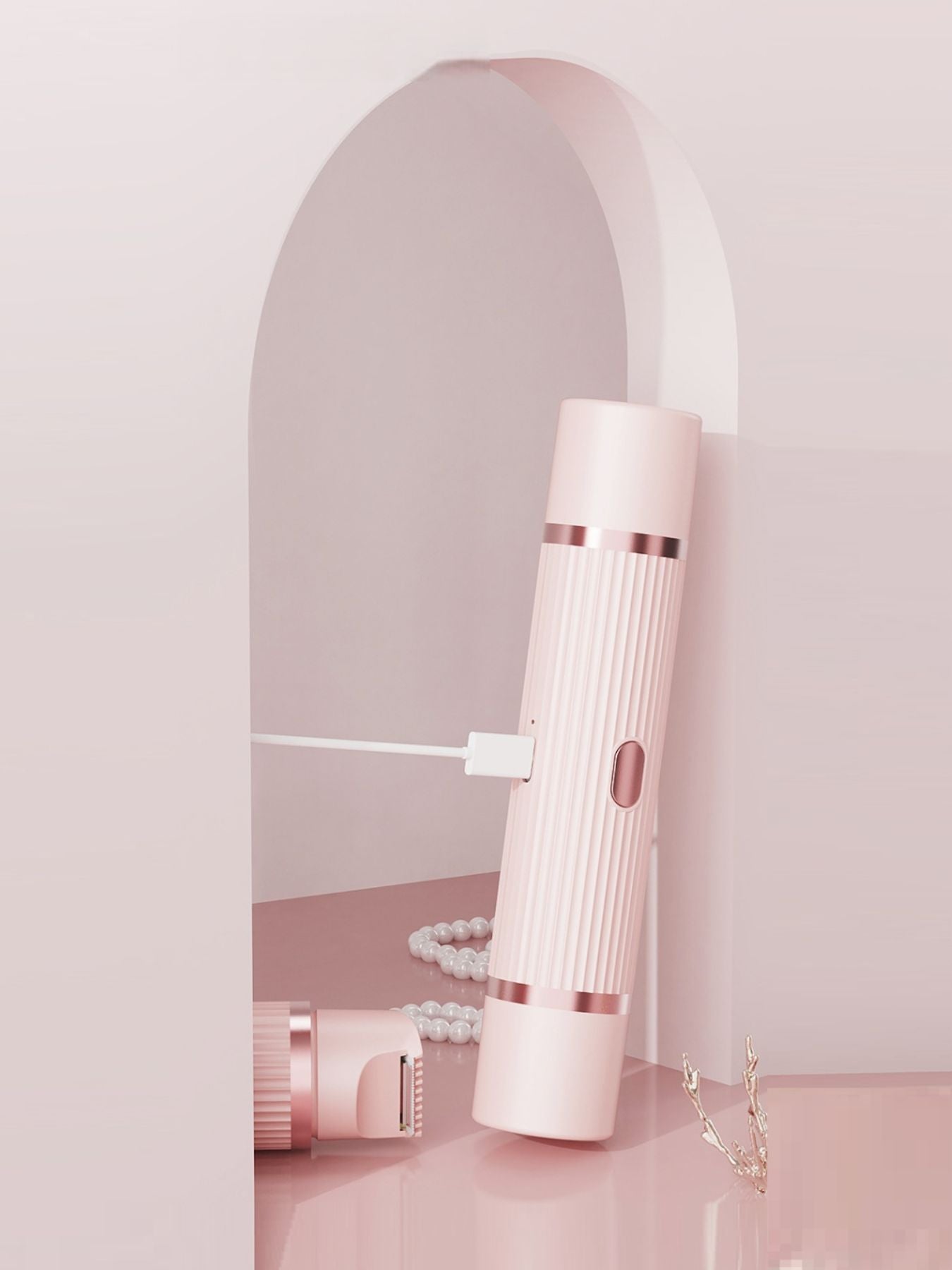 Blush pink portable hair removal epilator by Trendsi, compact design with multiple attachments for effective at-home hair removal.