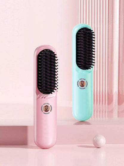 Blush pink portable heated hair straightening comb by Trendsi, compact design, featuring heated ceramic plates for sleek styling.