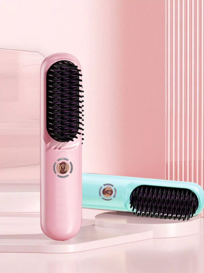 Blush pink portable heated hair straightening comb by Trendsi, compact design with heated ceramic plates for easy styling.
