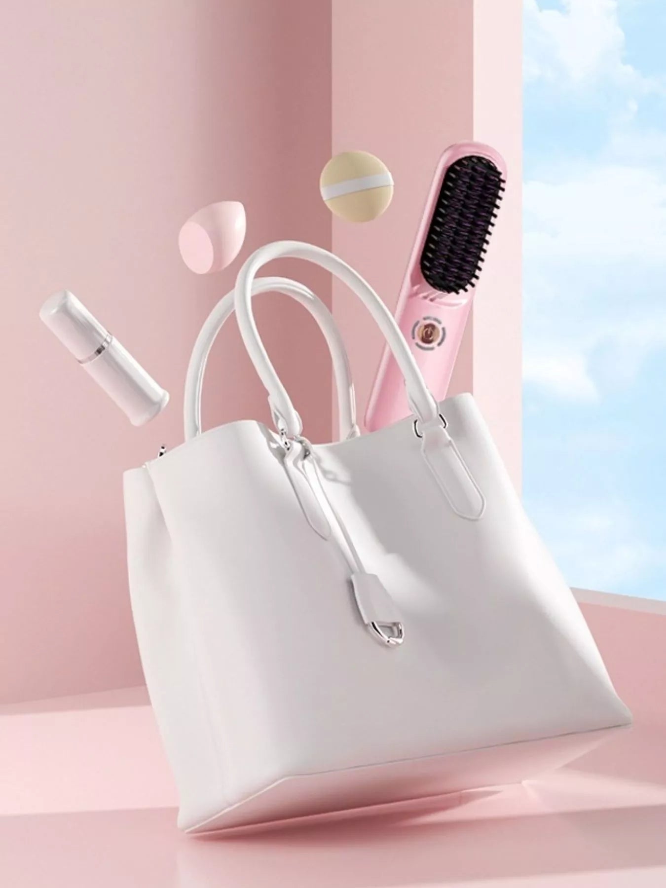 Blush pink portable heated hair straightening comb by Trendsi, compact styling tool with ceramic heating for smooth hair.