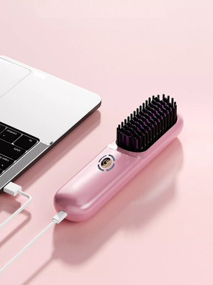 Blush pink portable heated hair straightening comb by Trendsi, compact design for easy styling on the go.