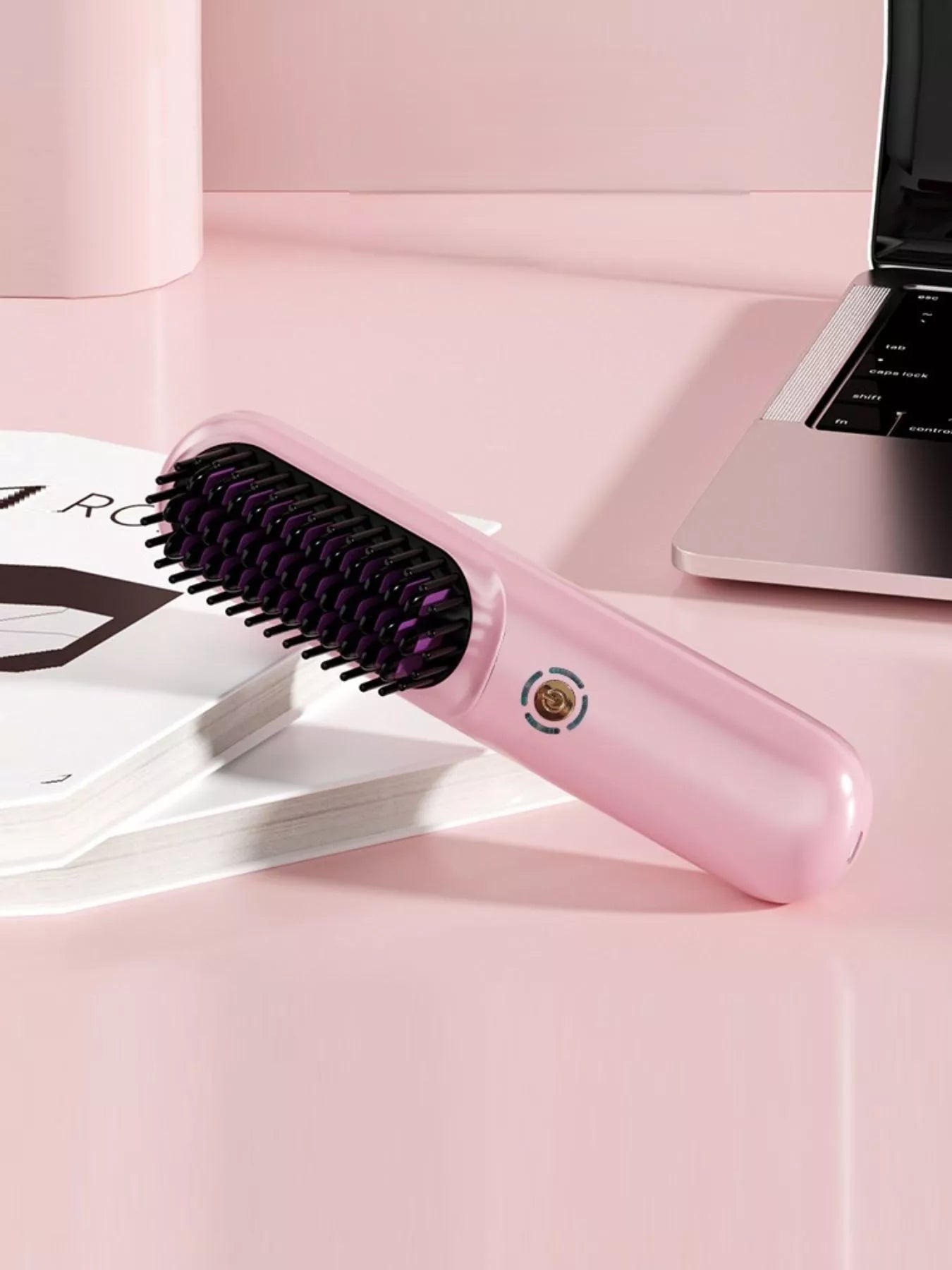 Blush pink portable heated hair straightening comb by Trendsi, compact design for easy styling on the go.