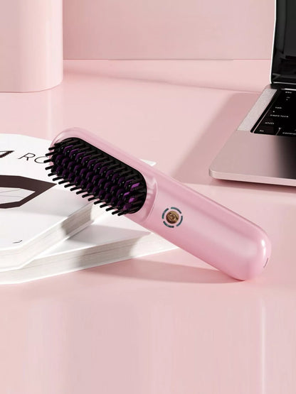 Blush pink portable heated hair straightening comb by Trendsi, compact design for easy styling on the go.