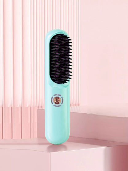 Blush pink portable heated hair straightening comb from Trendsi, compact design with ceramic plates for easy styling.