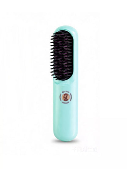 Blush pink portable heated hair straightening comb by Trendsi, compact design for easy styling on the go.