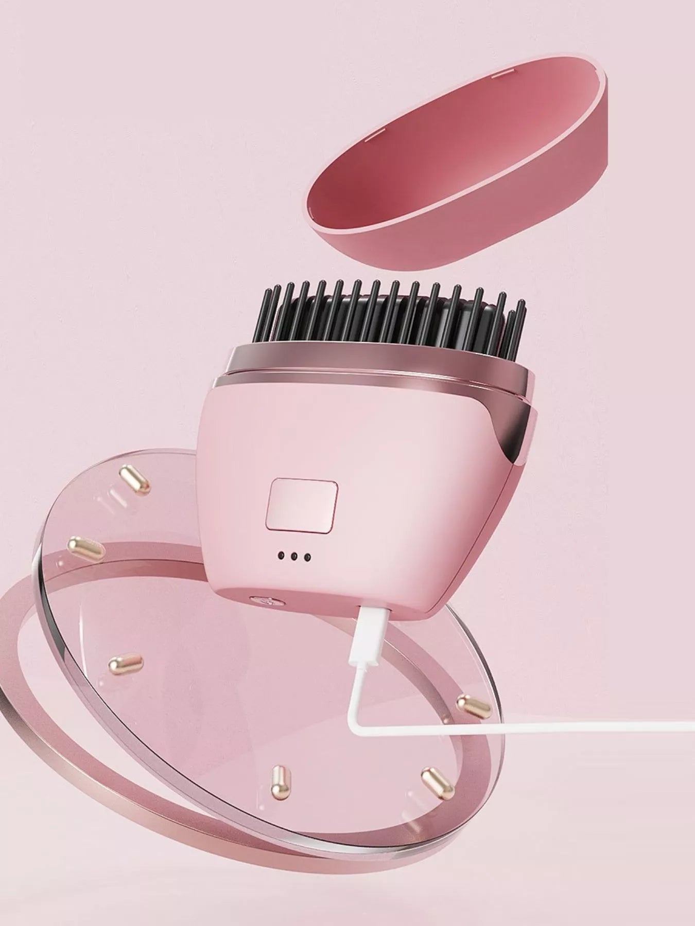 Blush pink portable heated hair straightening comb by Trendsi, compact design with ceramic plates for smooth, straight hair.