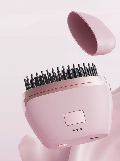 Blush pink portable heated hair straightening comb by Trendsi, compact design for easy styling and hair straightening.