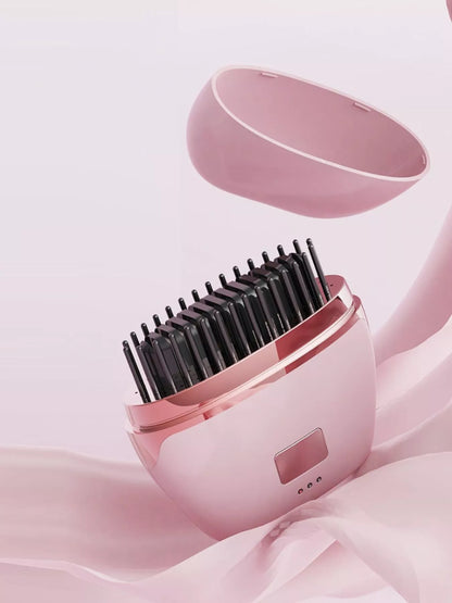 Blush pink portable heated hair straightening comb by Trendsi, compact design for easy styling on the go.