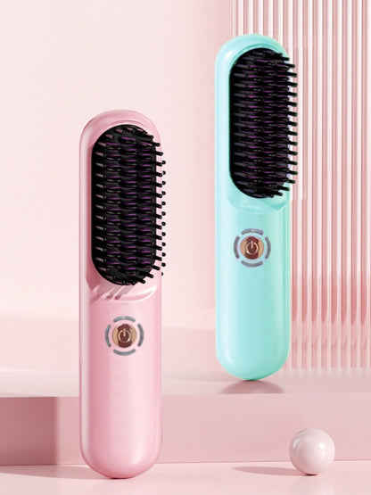 Blush pink portable heated hair straightening comb by Trendsi, compact design for travel-friendly hair styling.
