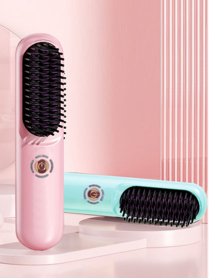 Blush pink portable heated hair straightening comb by Trendsi, compact design for easy styling on the go.