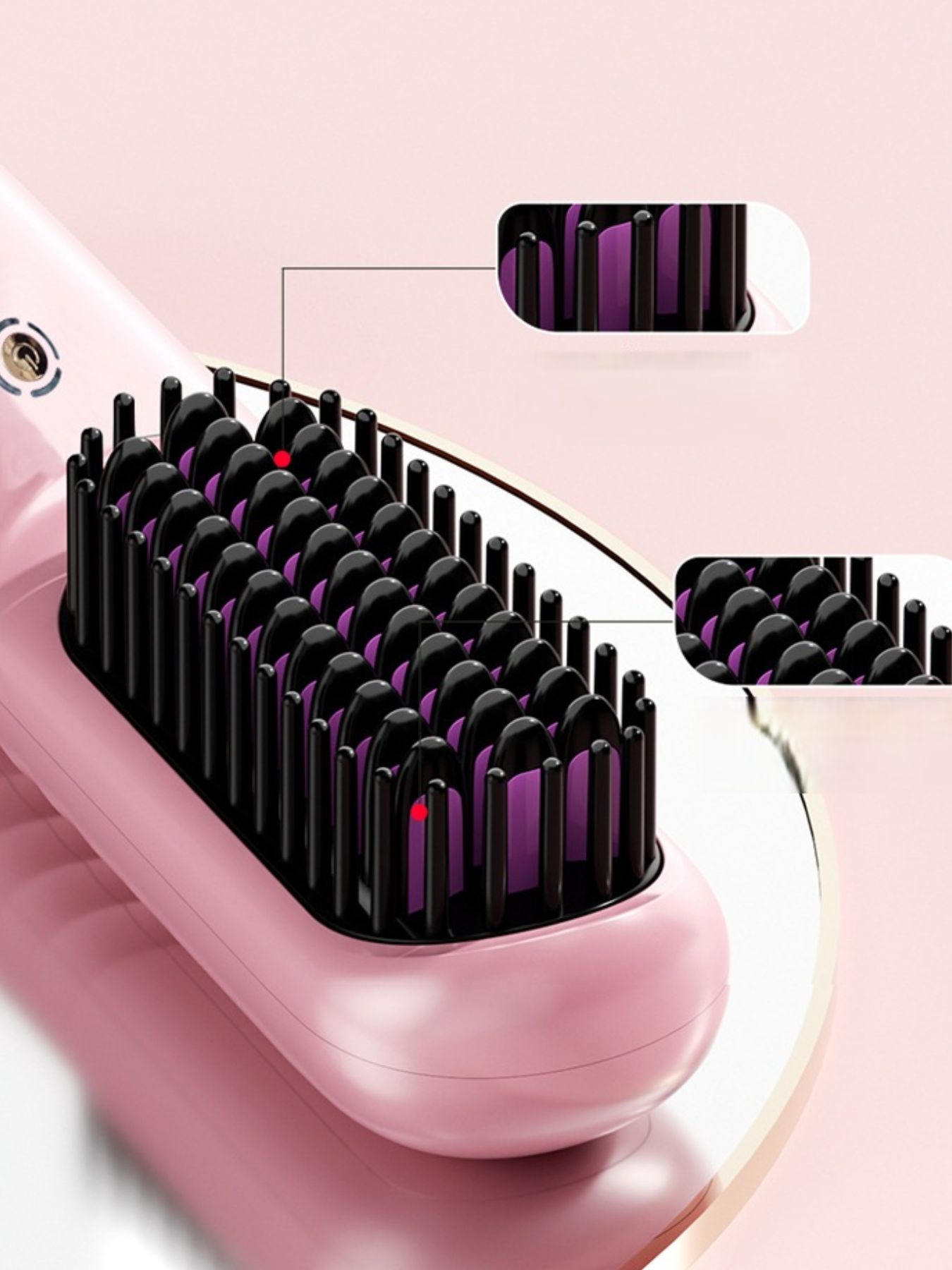 Blush pink portable heated hair straightening comb by Trendsi, compact design for quick styling on the go.