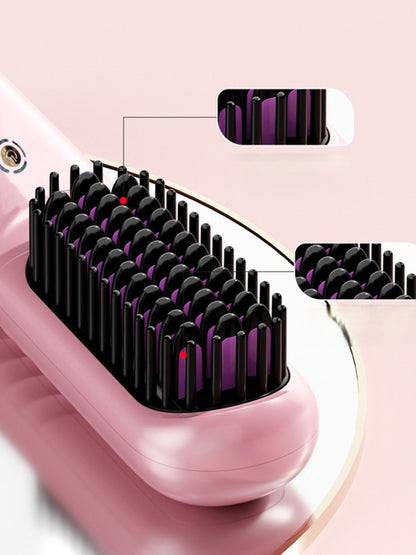 Blush pink portable heated hair straightening comb by Trendsi, compact design for quick styling on the go.