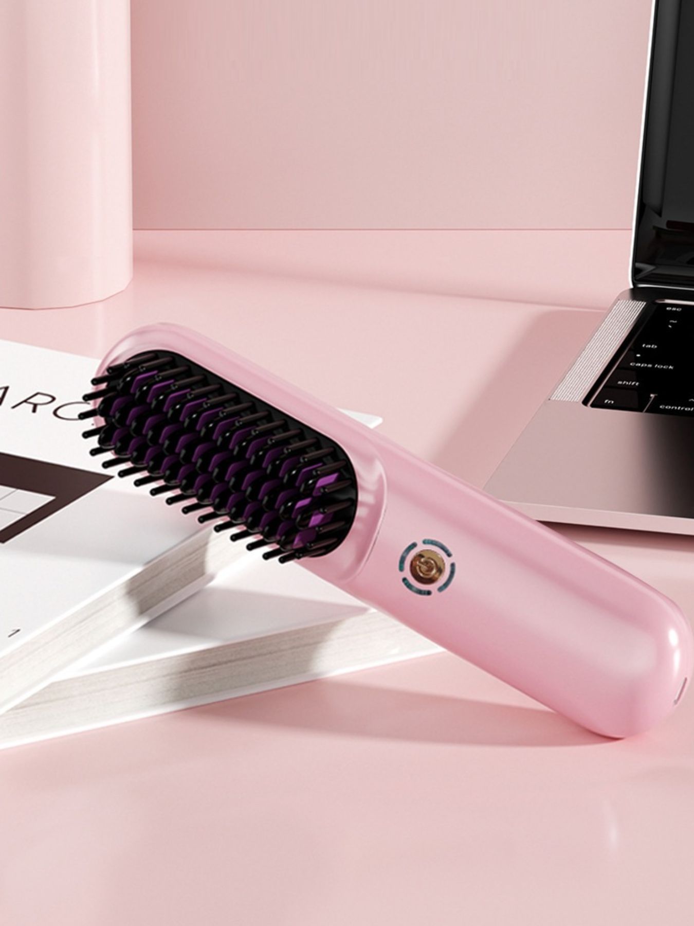 Blush pink portable heated hair straightening comb from Trendsi, compact design for easy styling on the go.