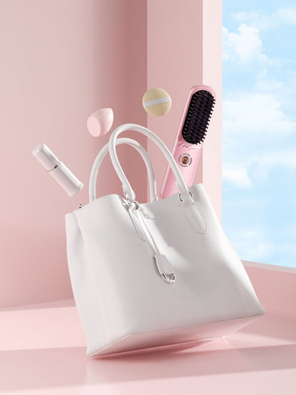 Blush pink portable heated hair straightening comb by Trendsi, compact and cordless for quick styling.