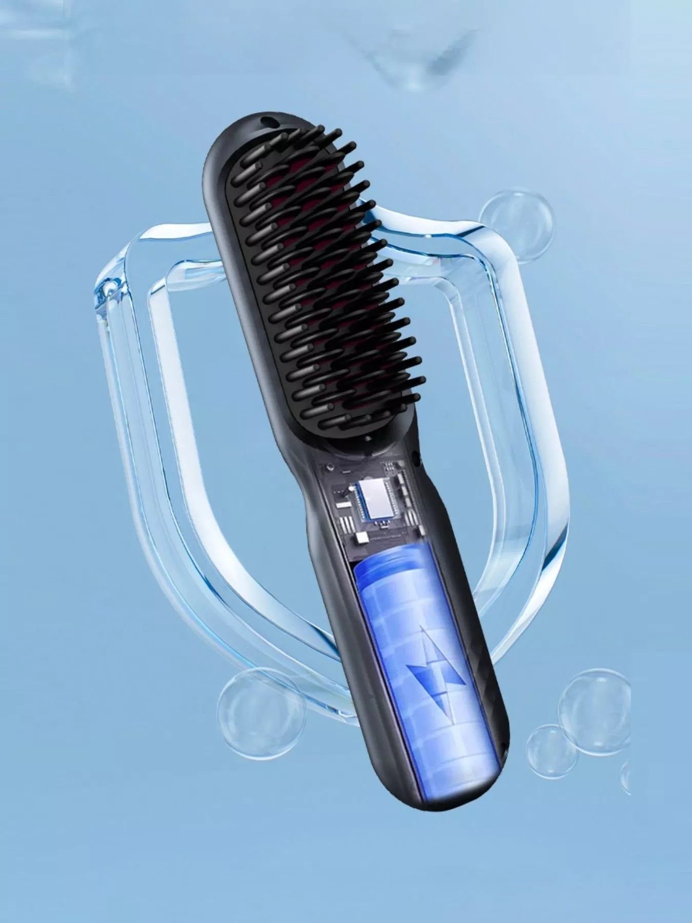 Blush pink portable heated straightening comb by Trendsi, compact design for quick hair styling and straightening on the go.