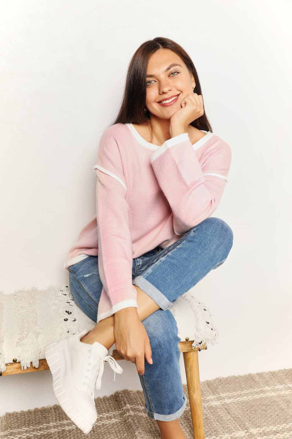 Blush pink knit top with angel wing contrast details and dropped shoulder design, stylish Trendsi women's clothing.