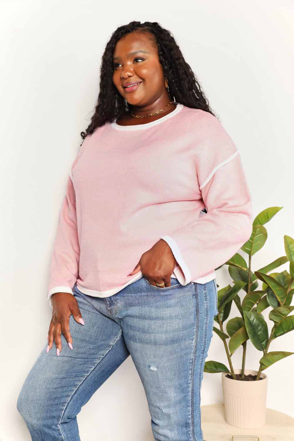 Blush pink Angel Wings contrast detail dropped shoulder knit top by Trendsi, featuring angel wing design and relaxed fit.