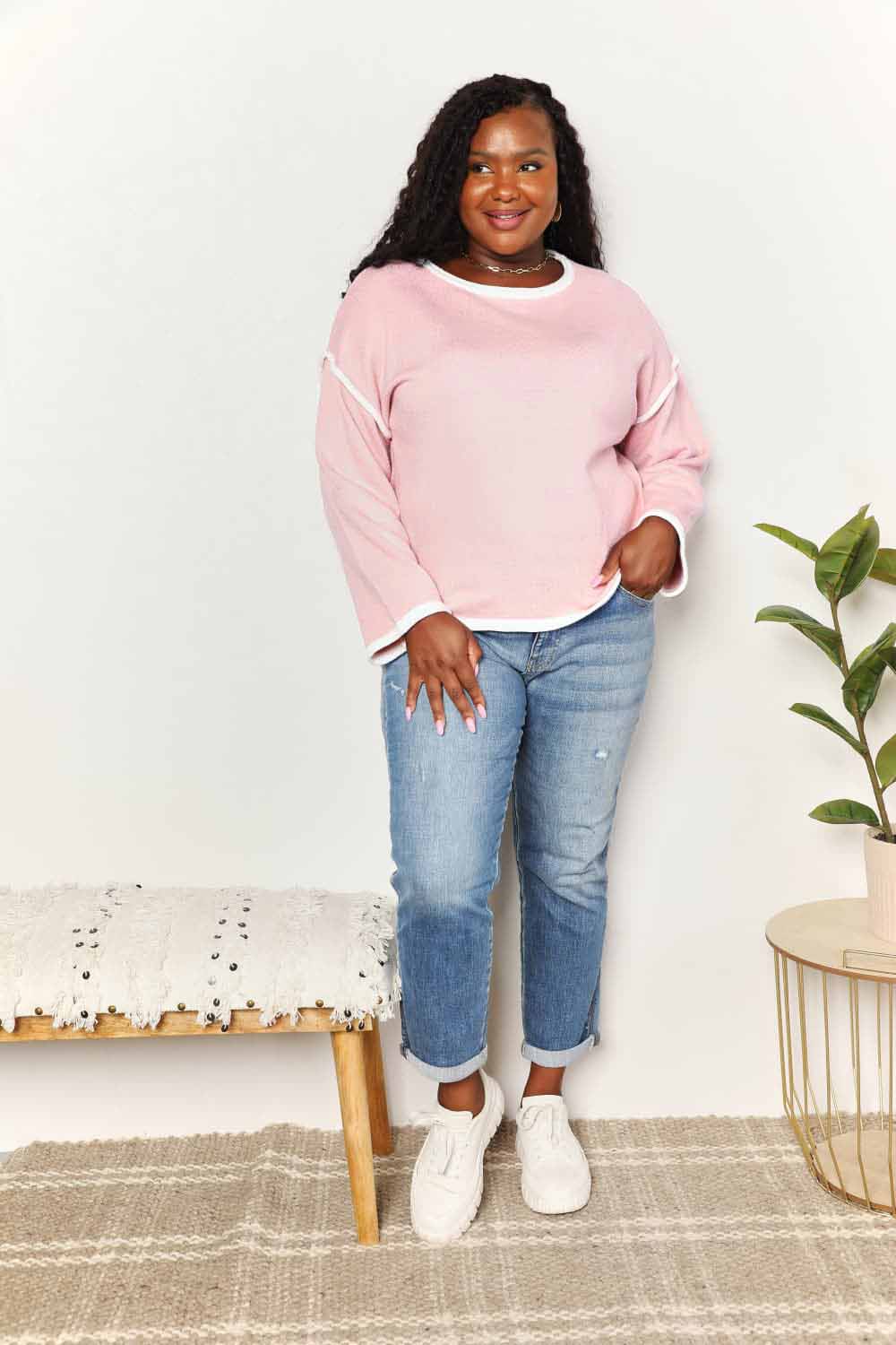 Blush pink Angel Wings contrast detail dropped shoulder knit top by Trendsi, featuring angel wing embroidery and relaxed fit.