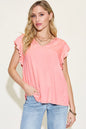 Blush pink Trendsi Basic Bae bamboo short sleeve t-shirt with notched ruffled details, full-size, casual and comfortable.