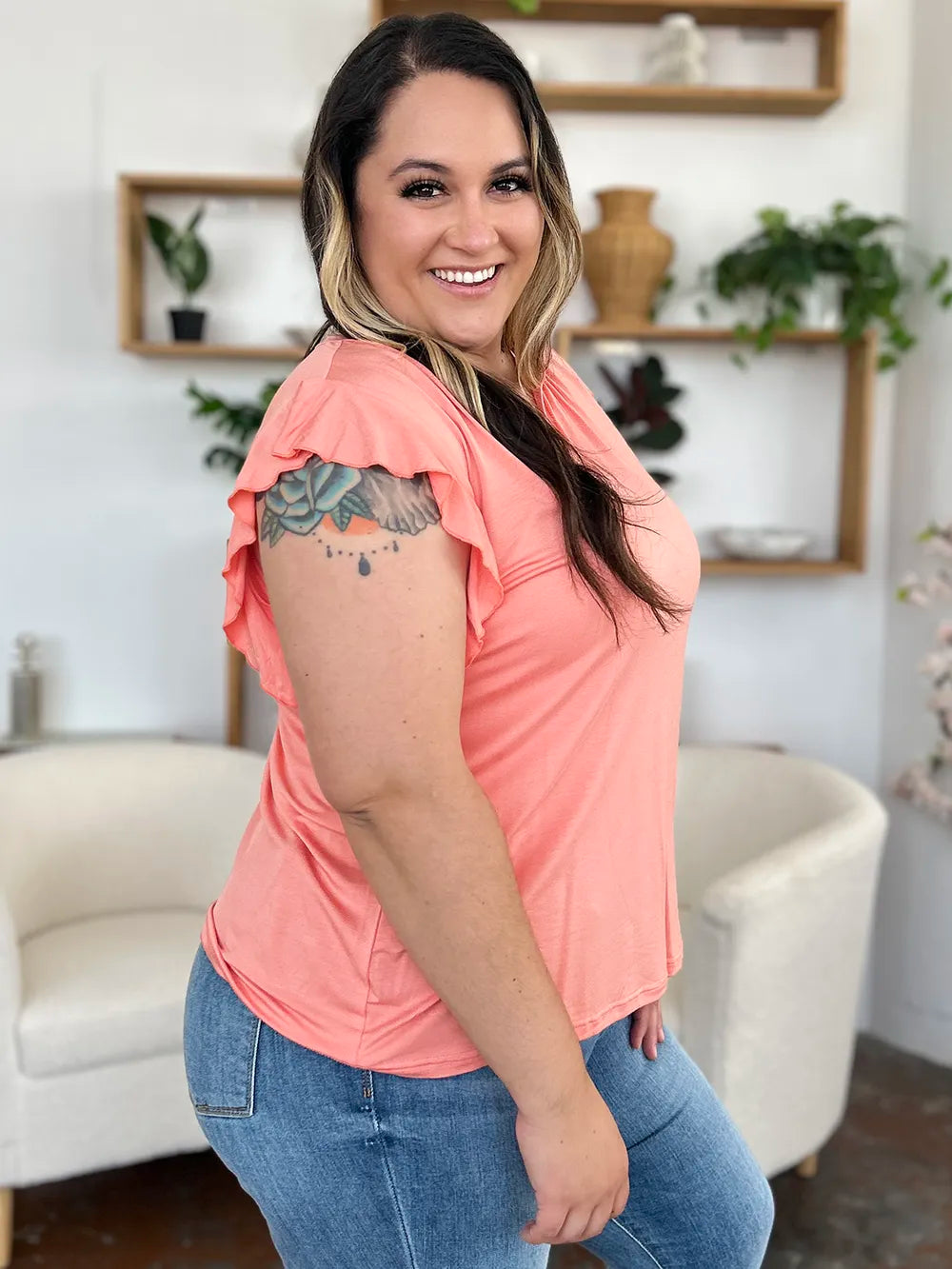Blush pink bamboo short sleeve T-shirt with notched neckline and ruffled details, casual basic tee from Trendsi