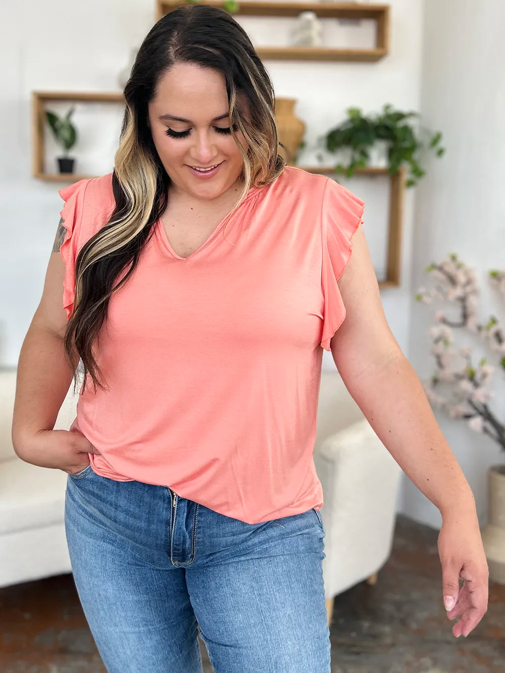 Blush pink Basic Bae bamboo short sleeve T-shirt with notched neckline and ruffled details, casual and comfortable for everyday wear.