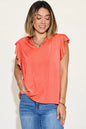 Blush pink Basic Bae bamboo short sleeve T-shirt with notched and ruffled details, featured by Trendsi.