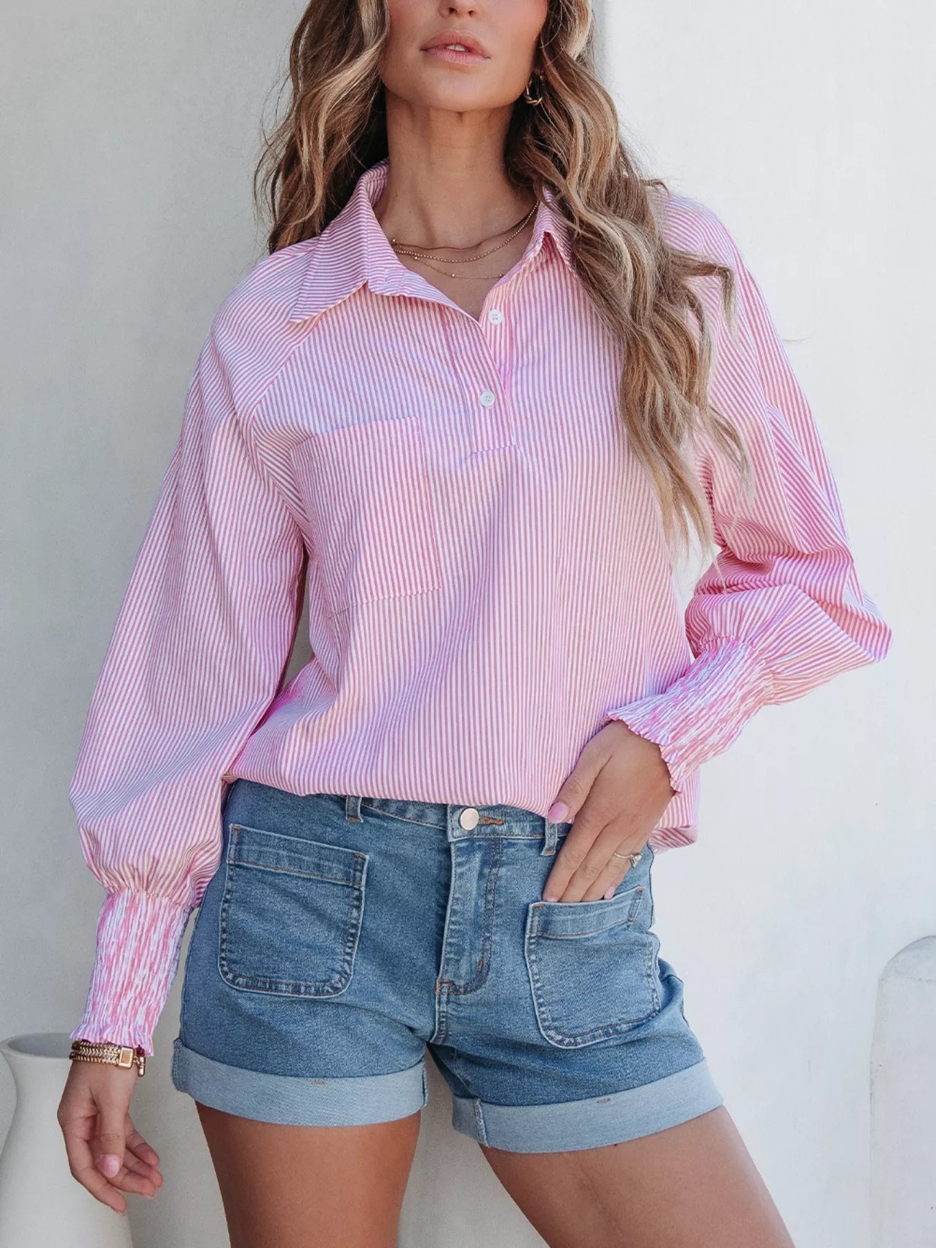 Blush pink pinstripe long sleeve blouse with smocked cuffs and button-up shirt collar, stylish Trendsi women's shirt.
