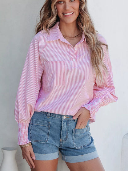 Blush pink pinstripe long sleeve blouse with smocked cuffs and button shirt collar, stylish Trendsi women's shirt.